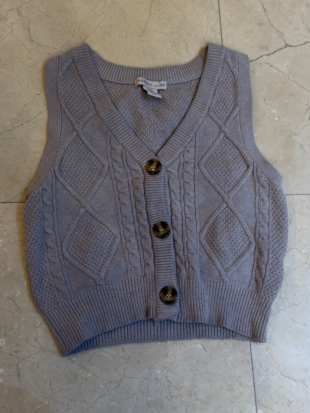 Sincerely Jules Cable Knit Button Front Vest — Light Lavender Gray
